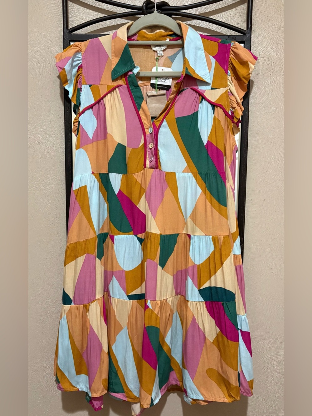 NWT Umgee  Multicolor Geometric Tiered Shirt Dress Size L